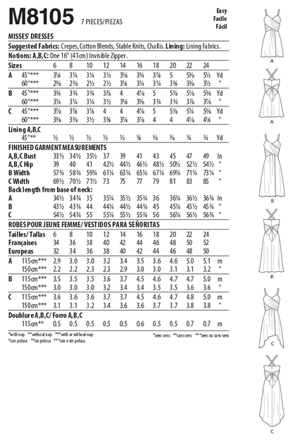McCall's M8105 sewing pattern envelope showing faux wrap dress designs