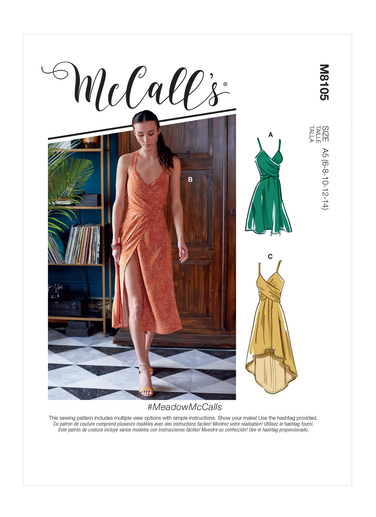 McCall's M8105 sewing pattern envelope showing faux wrap dress designs