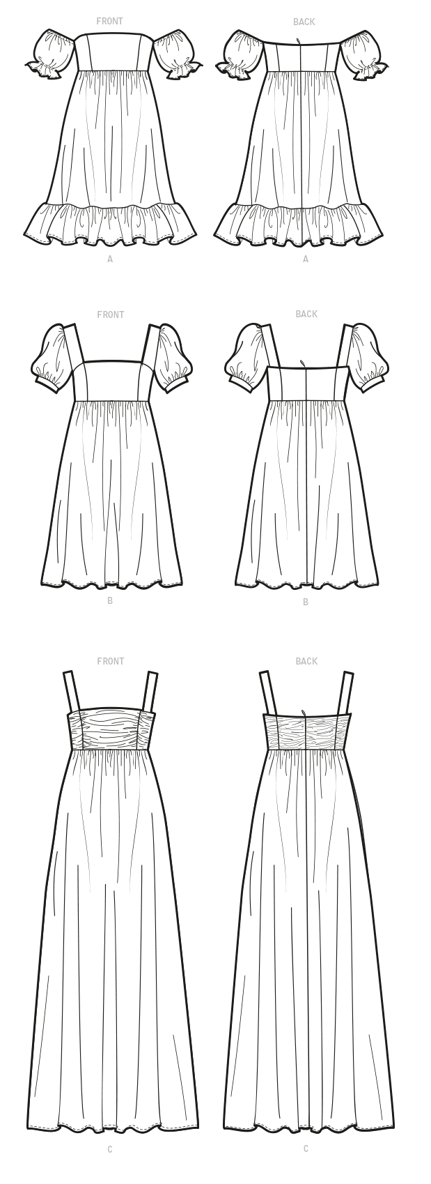 McCall's M8108 sewing pattern envelope showing gathered dress designs