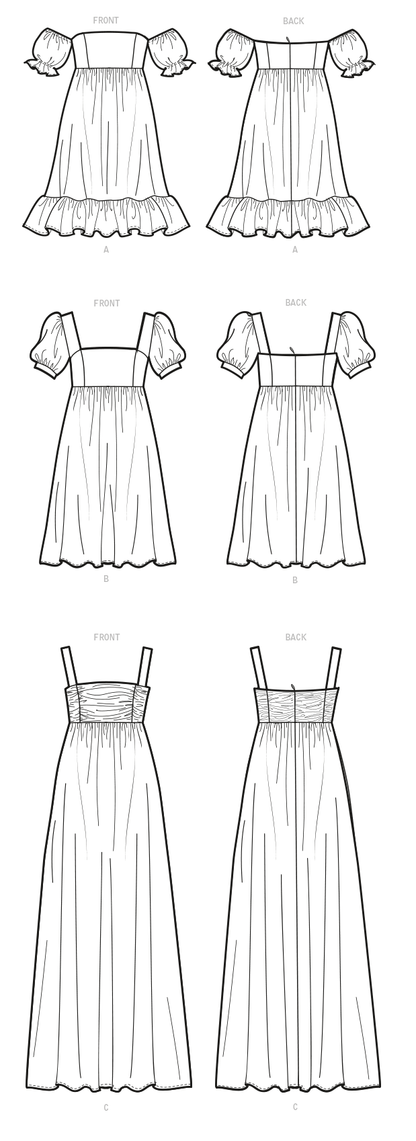 McCall's M8108 sewing pattern envelope showing gathered dress designs