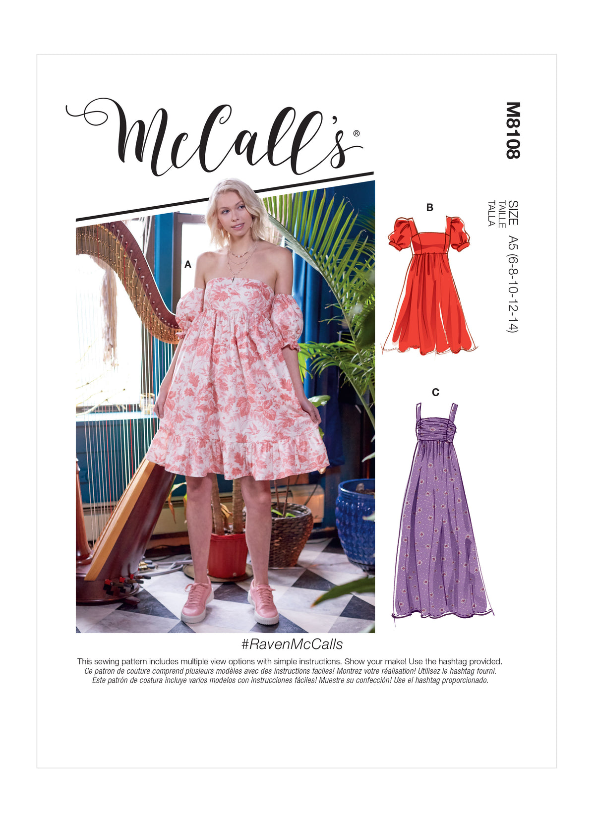 McCall's M8108 sewing pattern envelope showing gathered dress designs