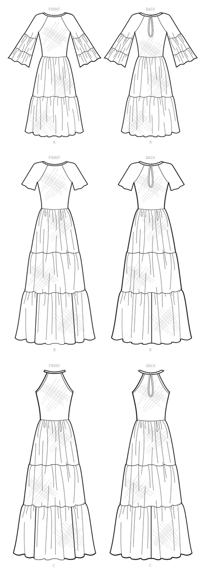 McCall's M8110 sewing pattern envelope showing the tiered sheer dress designs