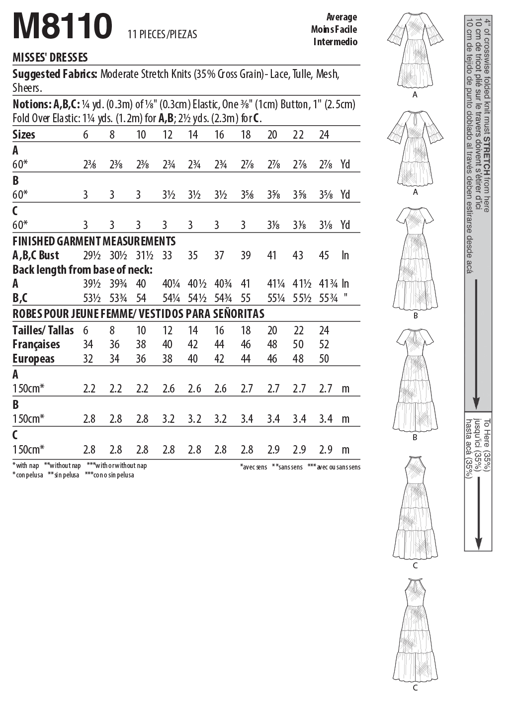 McCall's M8110 sewing pattern envelope showing the tiered sheer dress designs