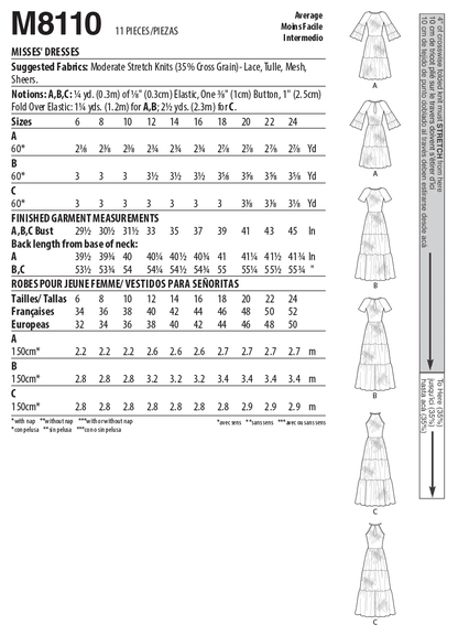 McCall's M8110 sewing pattern envelope showing the tiered sheer dress designs