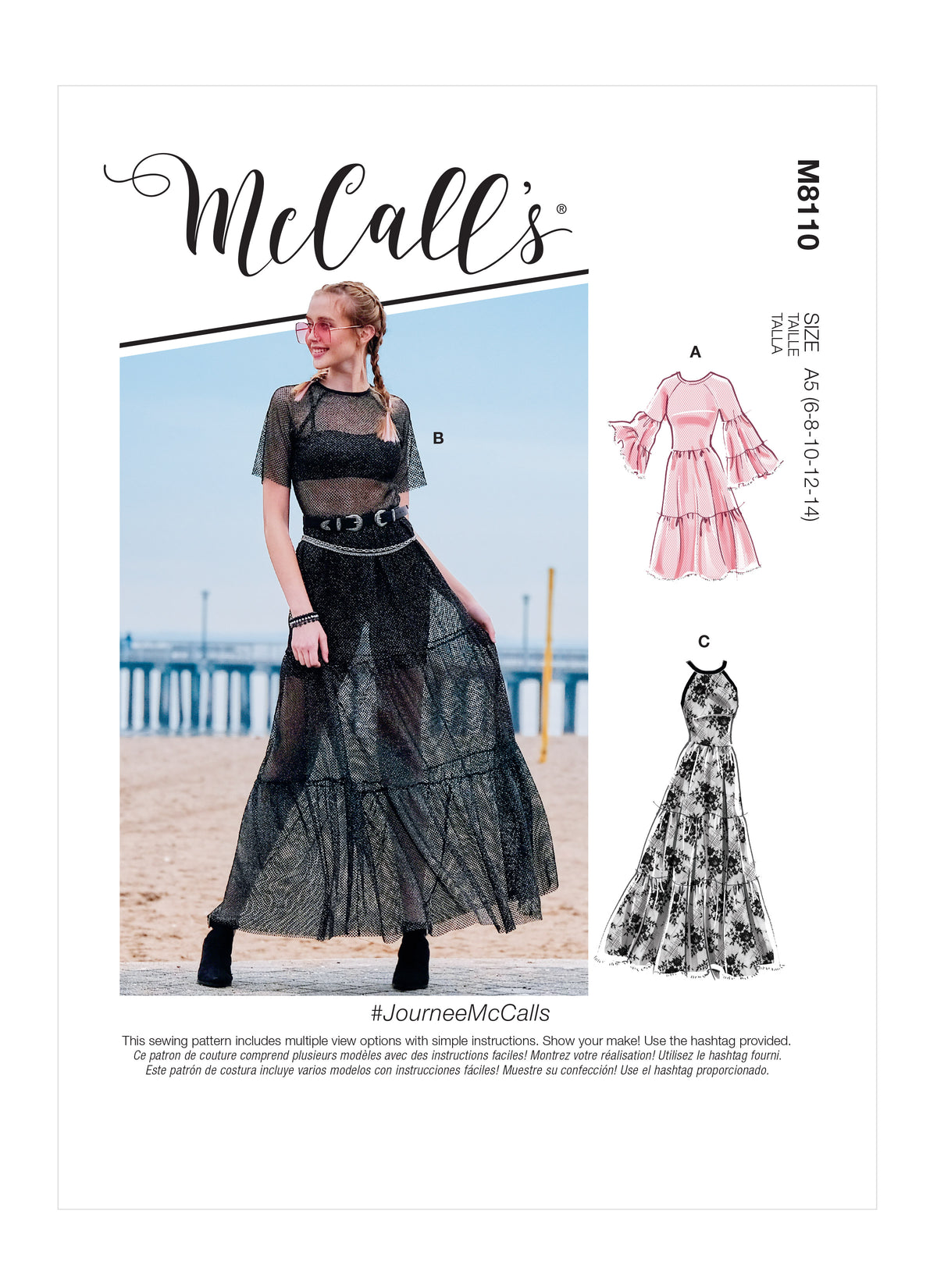 McCall's M8110 sewing pattern envelope showing the tiered sheer dress designs