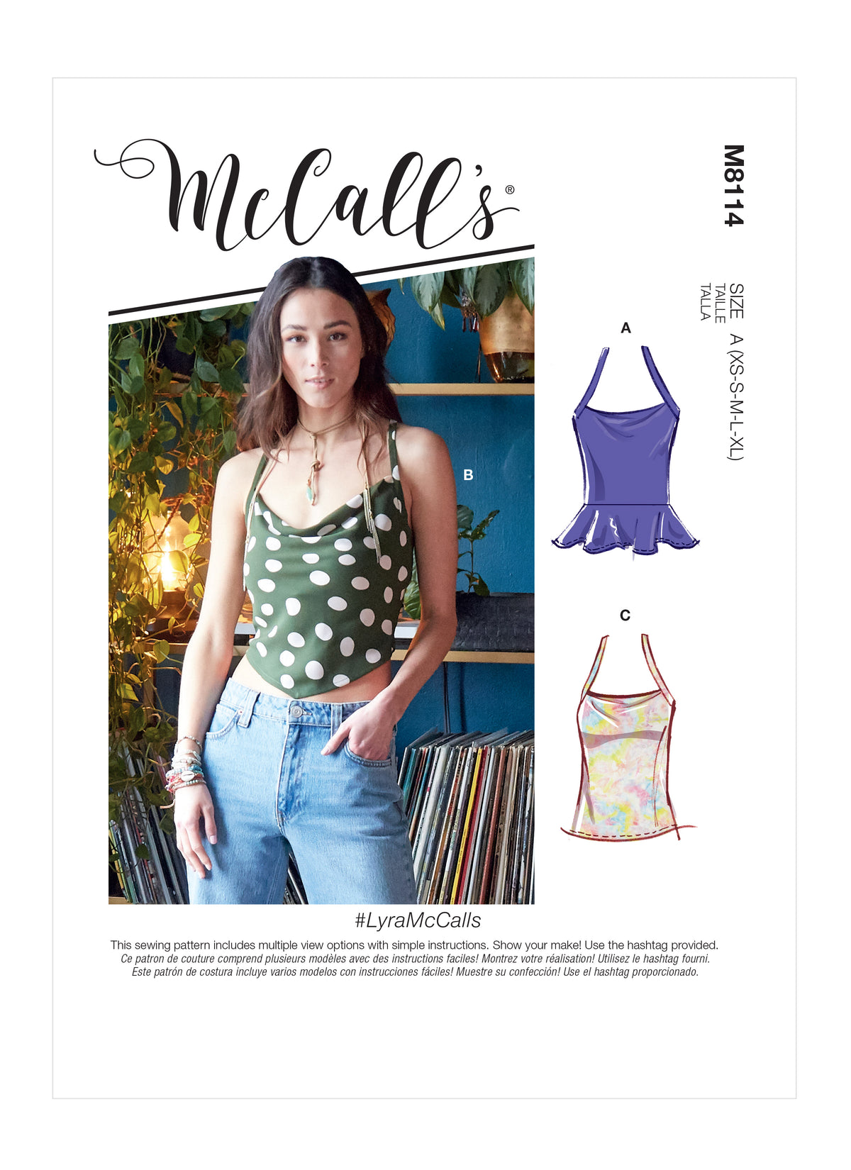 McCall's M8114 sewing pattern envelope showing the bias cut halter top designs