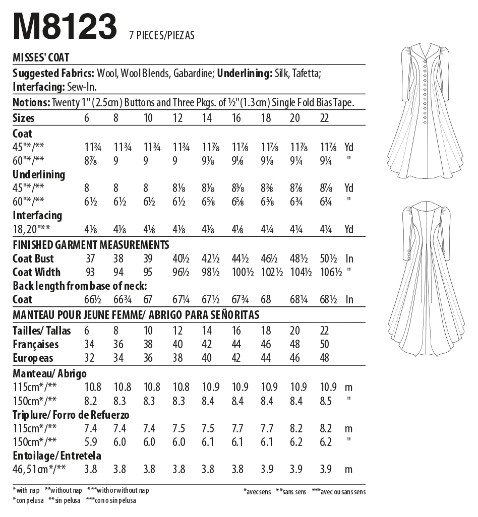 McCall's M8123 sewing pattern envelope showing the victorian coat costume designs