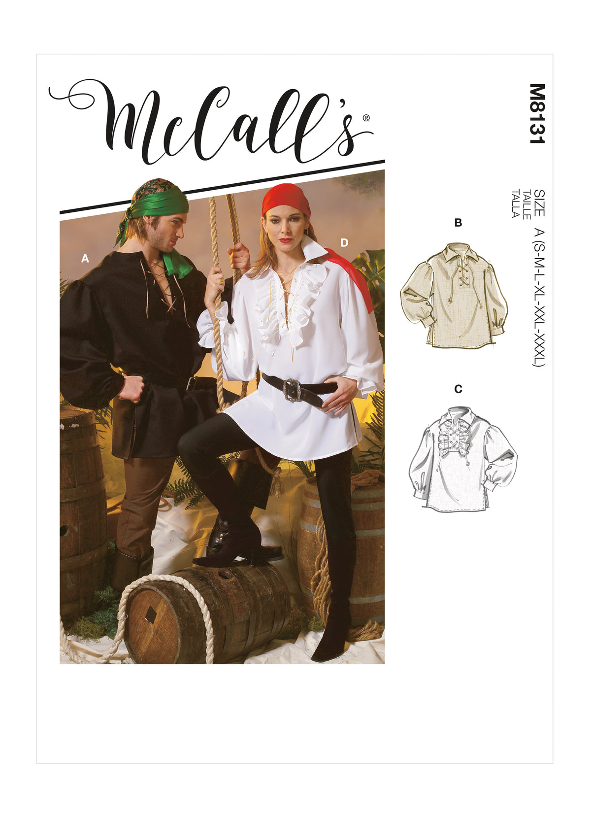 McCall's M8131 sewing pattern envelope showing the lace-up pirate shirt costume designs
