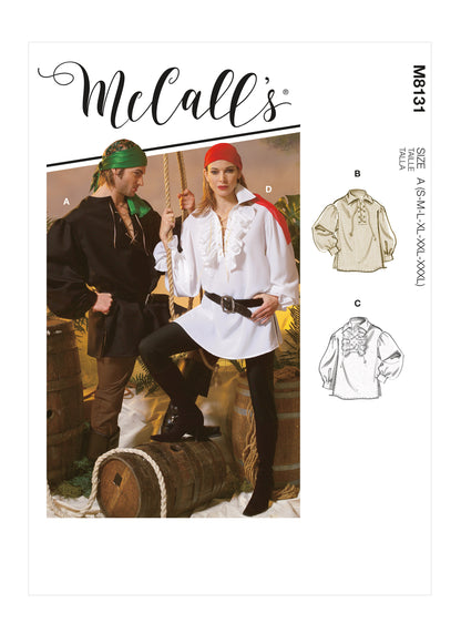 McCall's M8131 sewing pattern envelope showing the lace-up pirate shirt costume designs