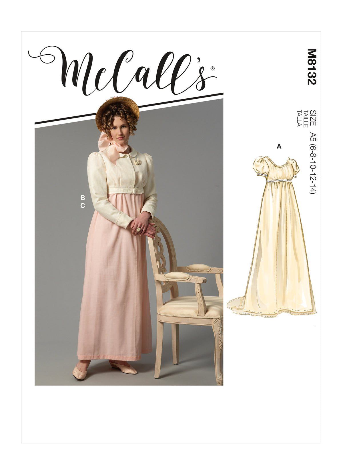 McCall's M8132 sewing pattern envelope showing the 18th century costume designs