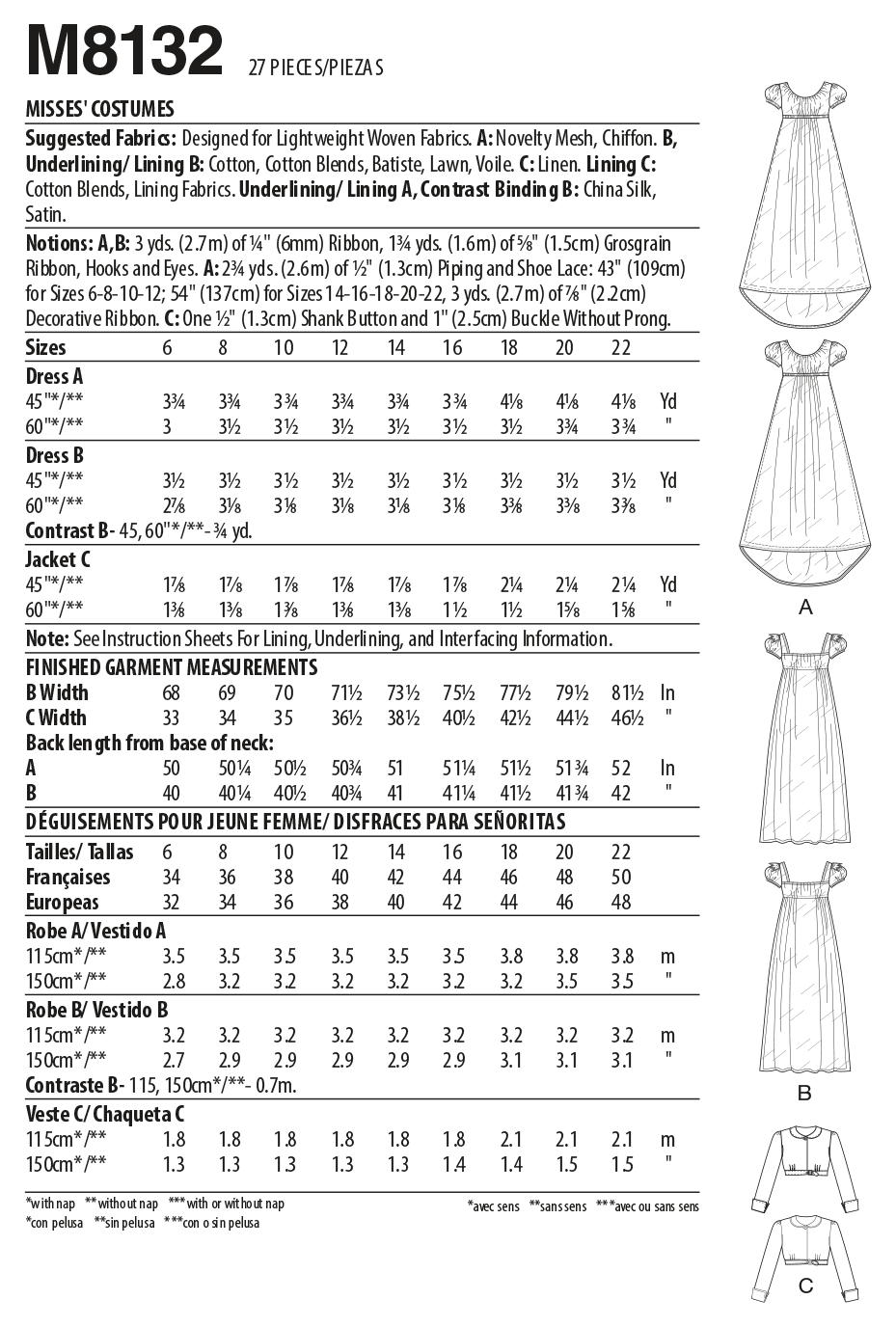 McCall's M8132 sewing pattern envelope showing the 18th century costume designs