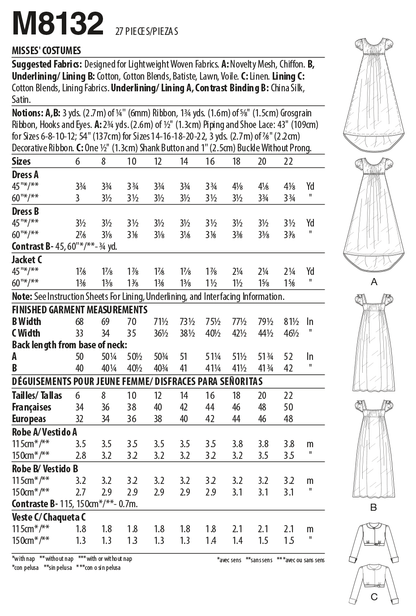 McCall's M8132 sewing pattern envelope showing the 18th century costume designs