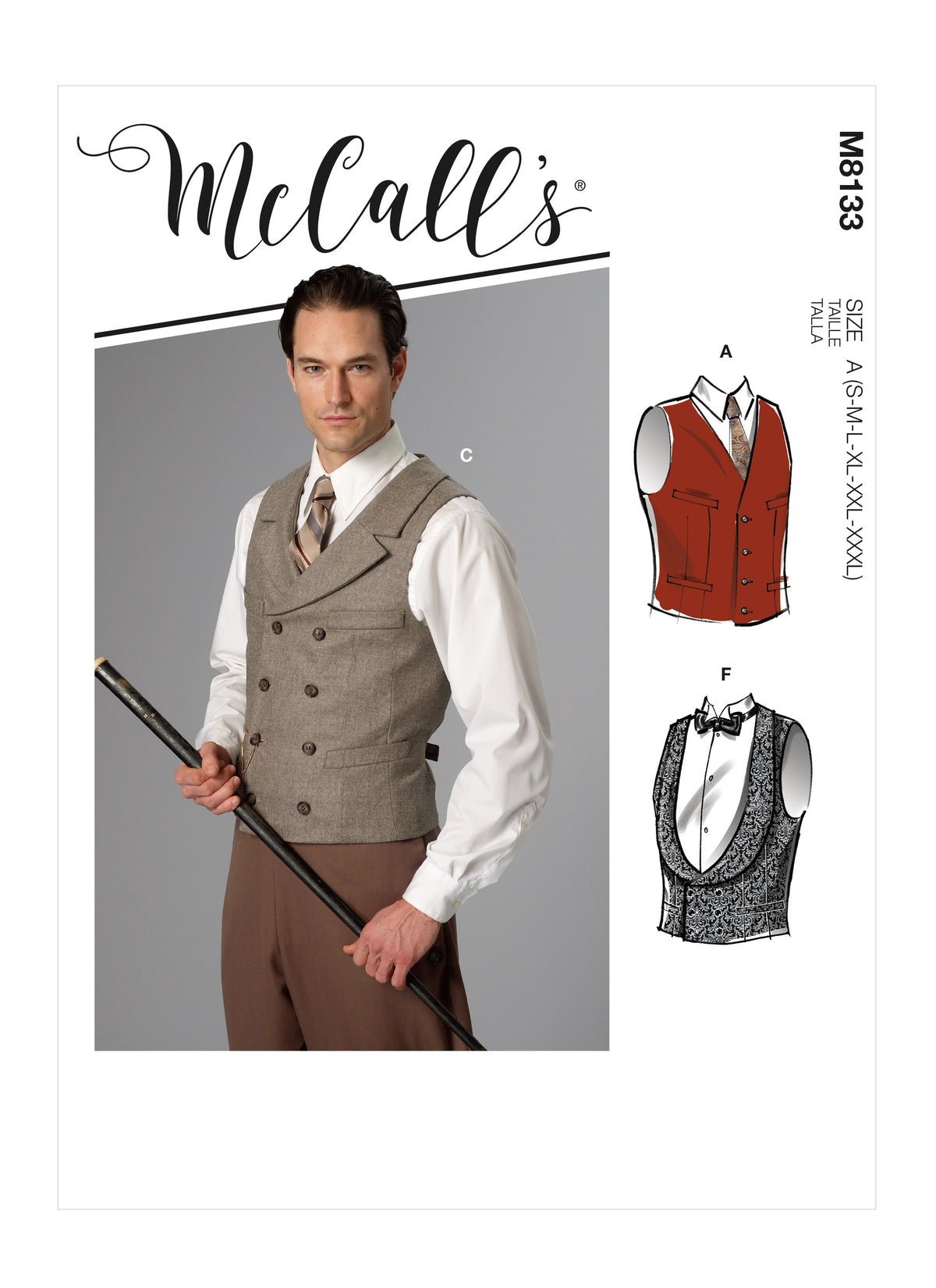 McCall's M8133 sewing pattern envelope showing the period suit & vest costume designs