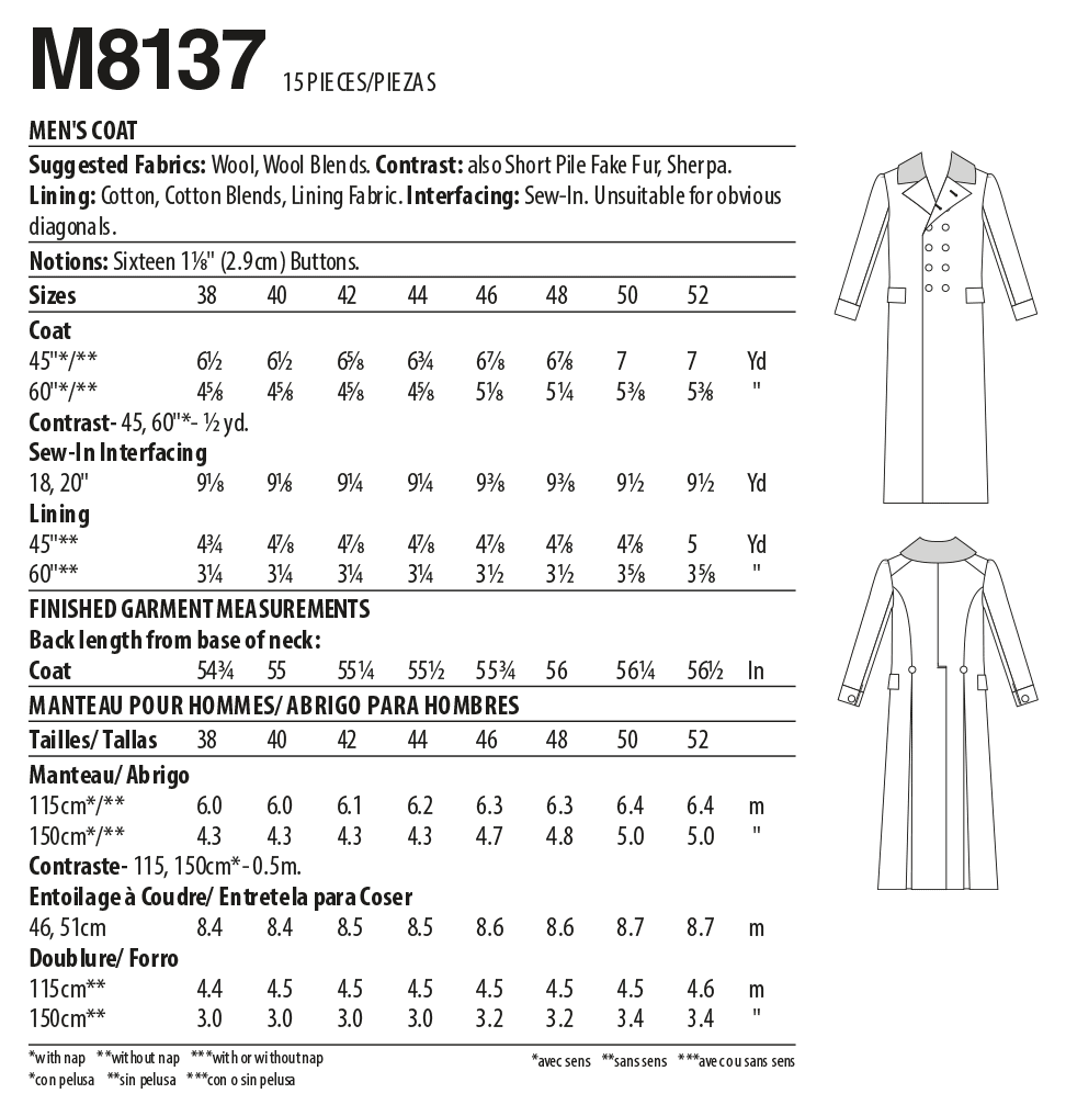 McCall's M8137 sewing pattern envelope showing the 1814 greatcoat costume designs