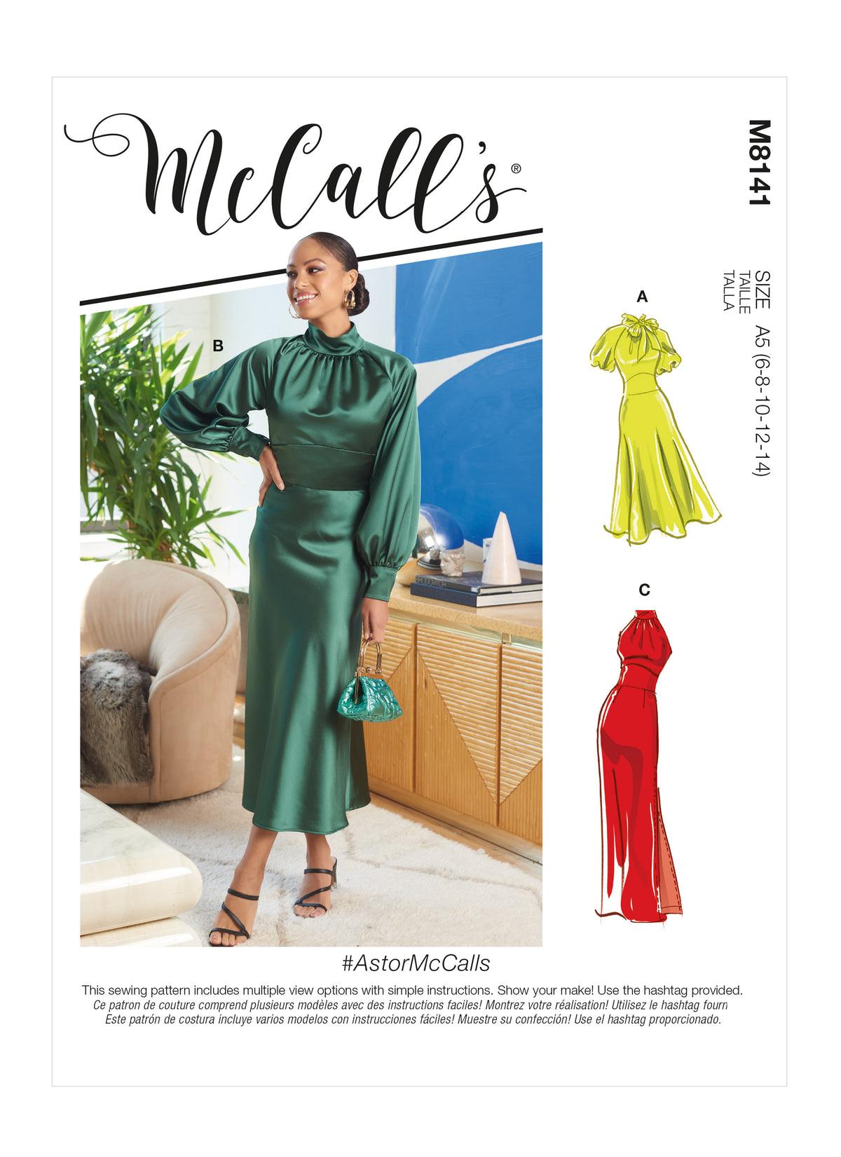 McCall's M8141 sewing pattern envelope showing the high neck dress designs