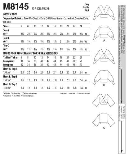 McCall's M8145 sewing pattern envelope showing the surplice knit top designs