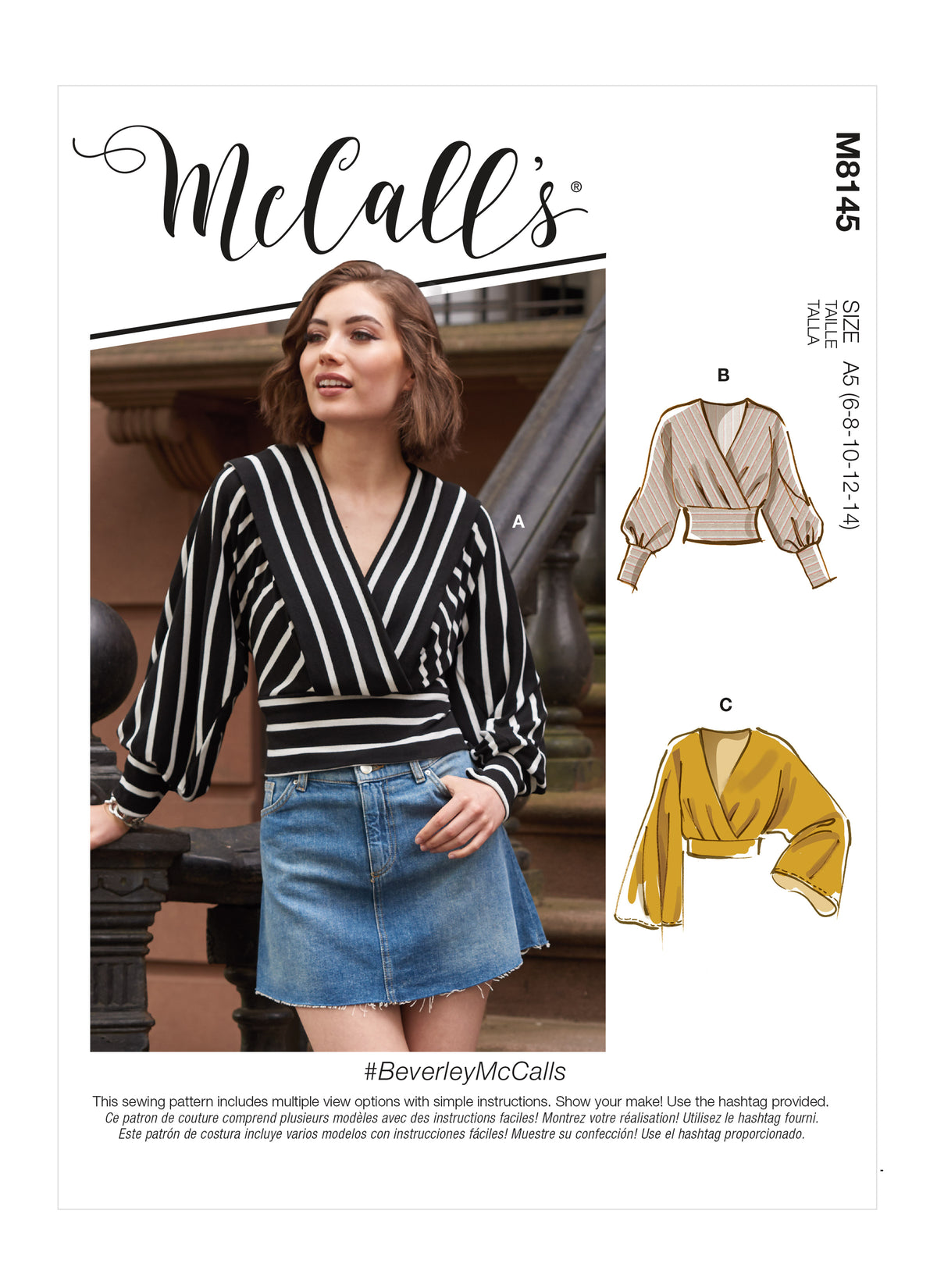 McCall's M8145 sewing pattern envelope showing the surplice knit top designs