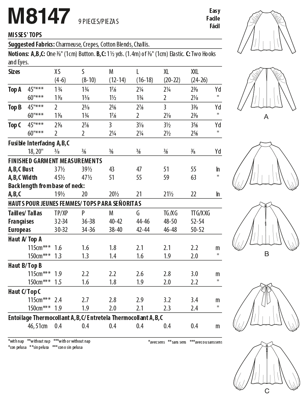 McCall's M8147 sewing pattern envelope showing the raglan sleeve top designs