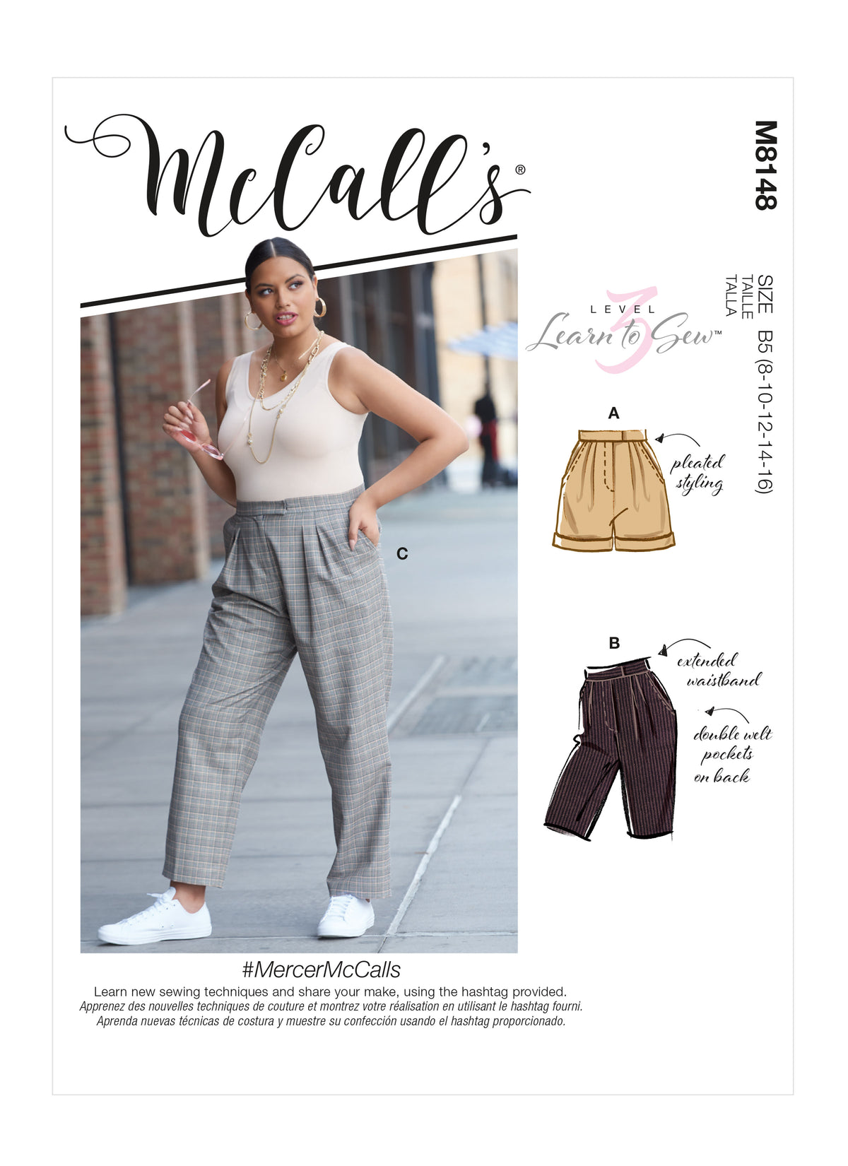 McCall's M8148 sewing pattern envelope showing the pleated trousers & shorts designs