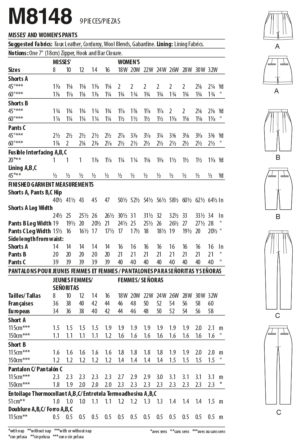 McCall's M8148 sewing pattern envelope showing the pleated trousers & shorts designs