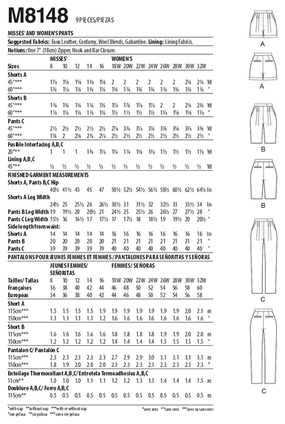 McCall's M8148 sewing pattern envelope showing the pleated trousers & shorts designs