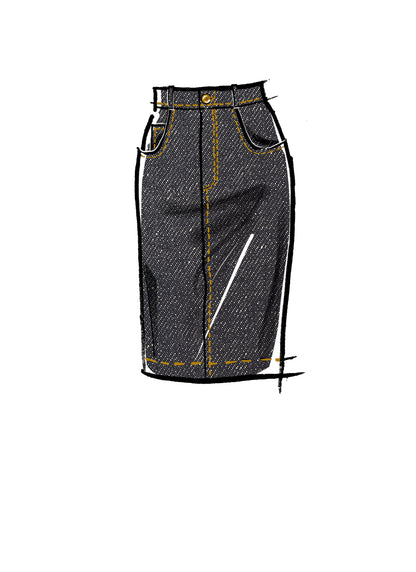 McCall's M8149 sewing pattern envelope showing the 5-pocket pencil skirt designs
