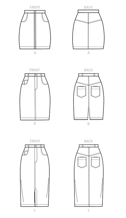 McCall's M8149 sewing pattern envelope showing the 5-pocket pencil skirt designs