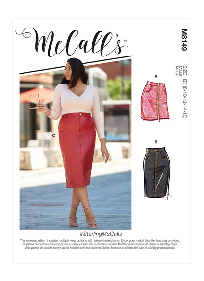 McCall's M8149 sewing pattern envelope showing the 5-pocket pencil skirt designs