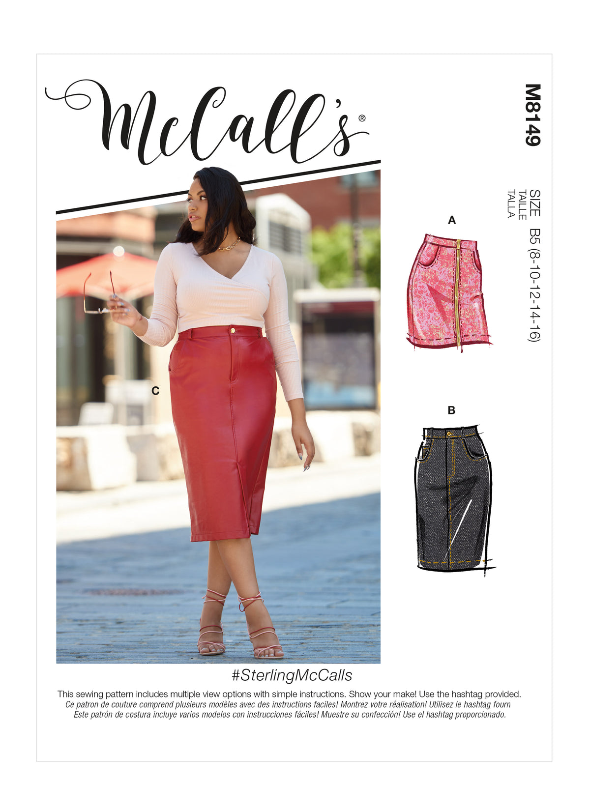 McCall's M8149 sewing pattern envelope showing the 5-pocket pencil skirt designs