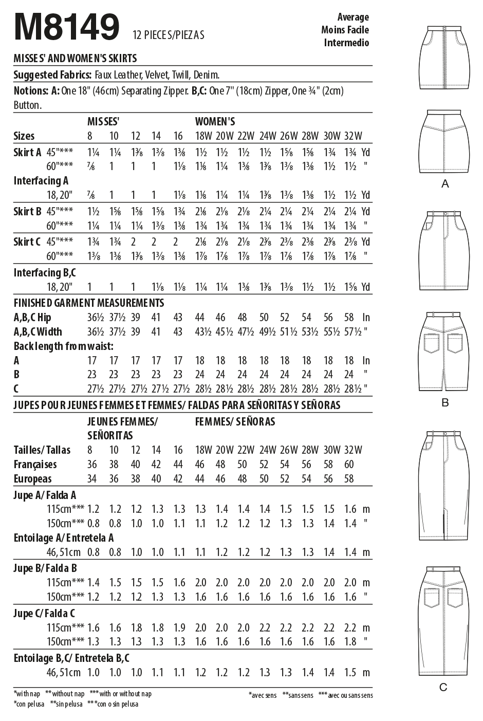 McCall's M8149 sewing pattern envelope showing the 5-pocket pencil skirt designs