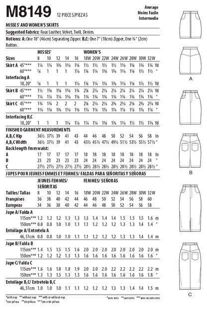 McCall's M8149 sewing pattern envelope showing the 5-pocket pencil skirt designs
