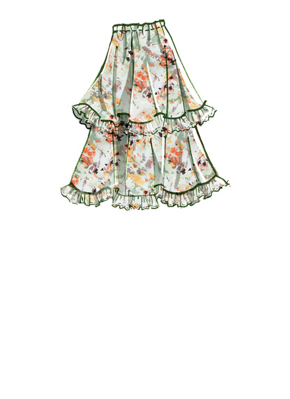 McCall's M8150 sewing pattern envelope showing the tiered flared skirt designs