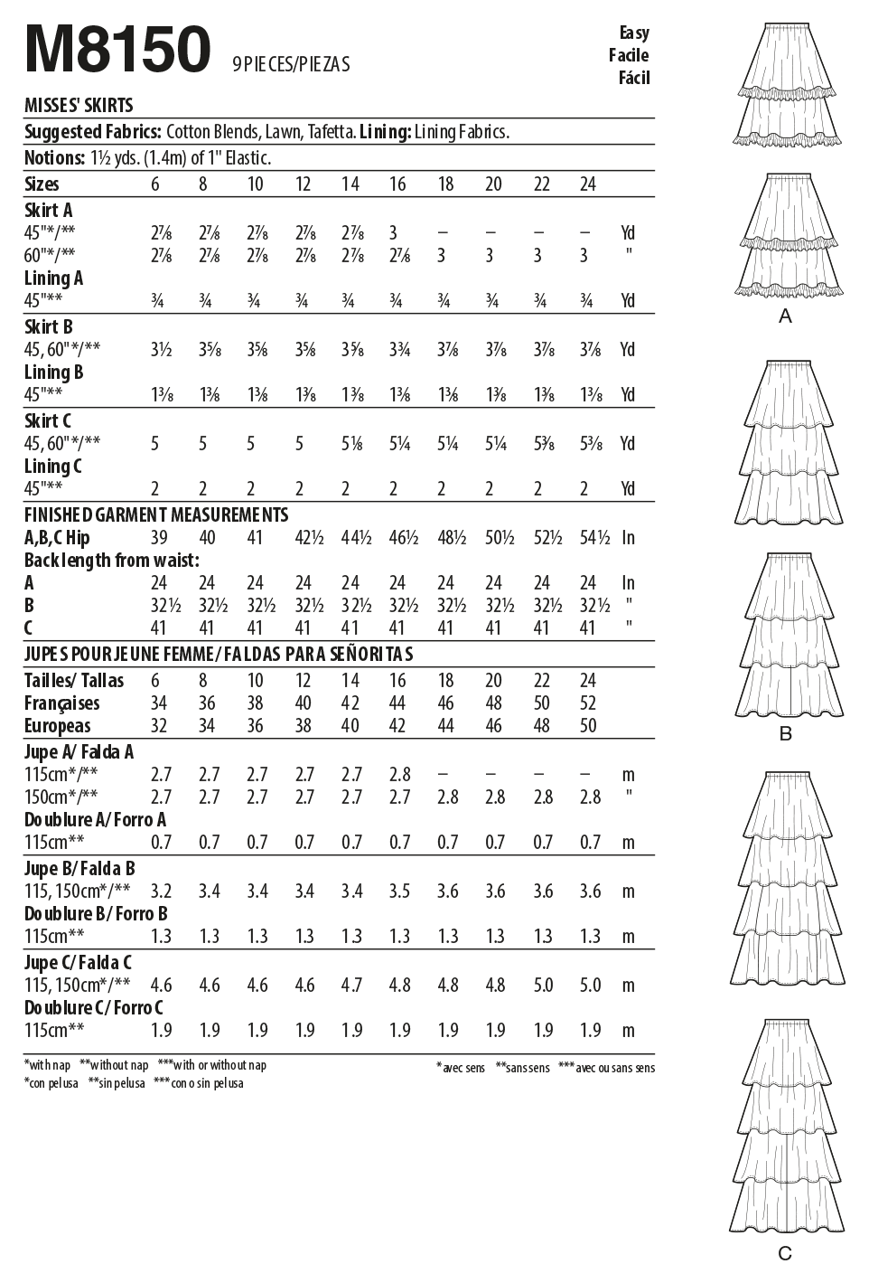 McCall's M8150 sewing pattern envelope showing the tiered flared skirt designs