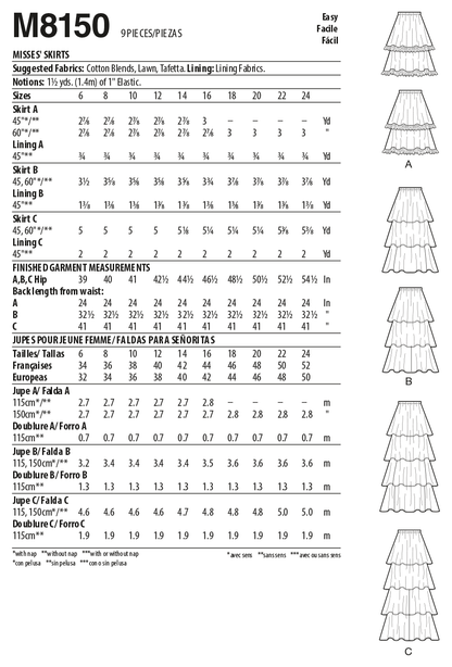 McCall's M8150 sewing pattern envelope showing the tiered flared skirt designs