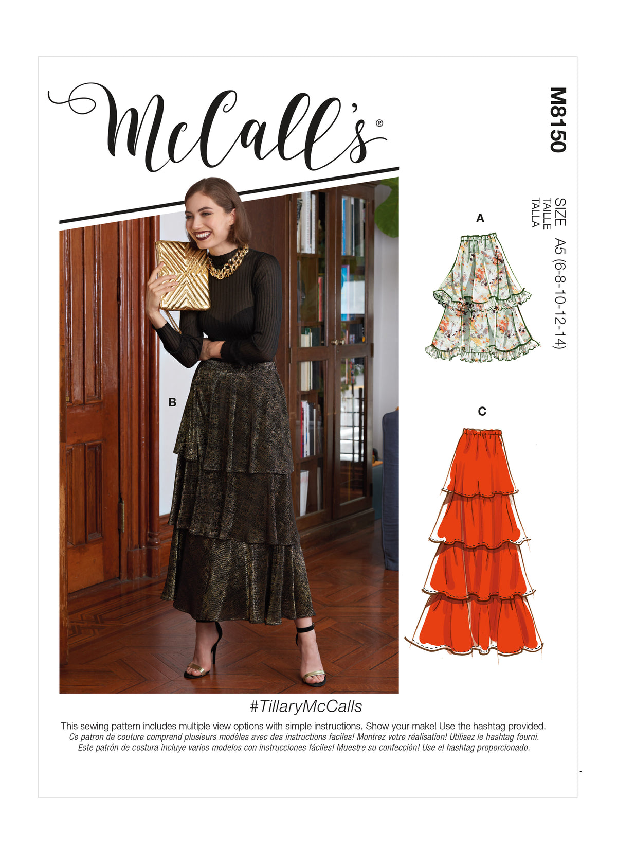 McCall's M8150 sewing pattern envelope showing the tiered flared skirt designs