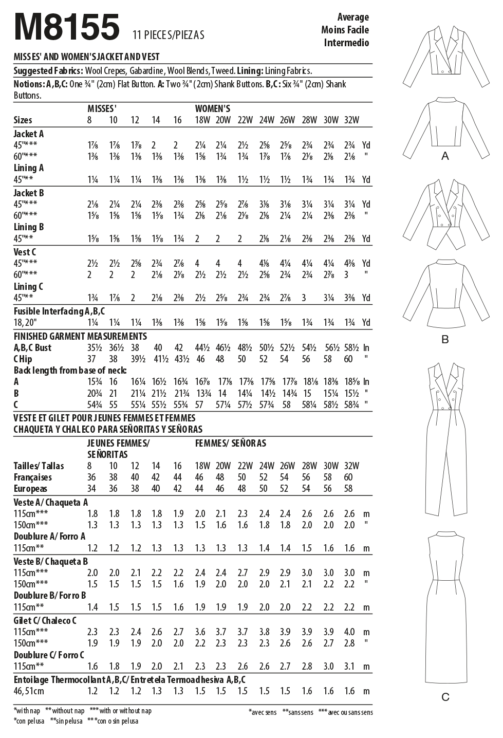 McCall's M8155 sewing pattern envelope showing the double breasted jacket & vest designs