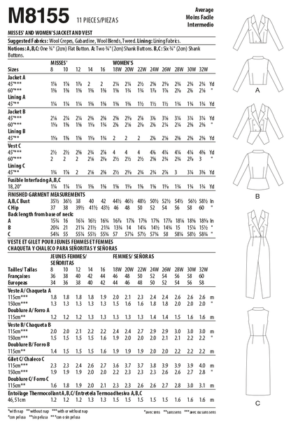 McCall's M8155 sewing pattern envelope showing the double breasted jacket & vest designs
