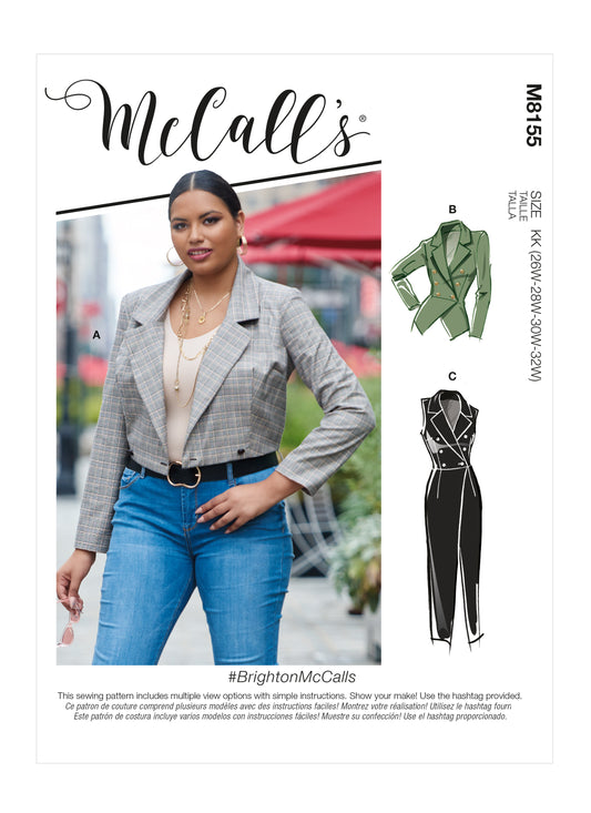 McCall's M8155 sewing pattern envelope showing the double breasted jacket & vest designs