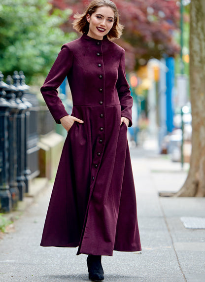 McCall's M8156 sewing pattern envelope showing the fit & flare princess seam coat designs