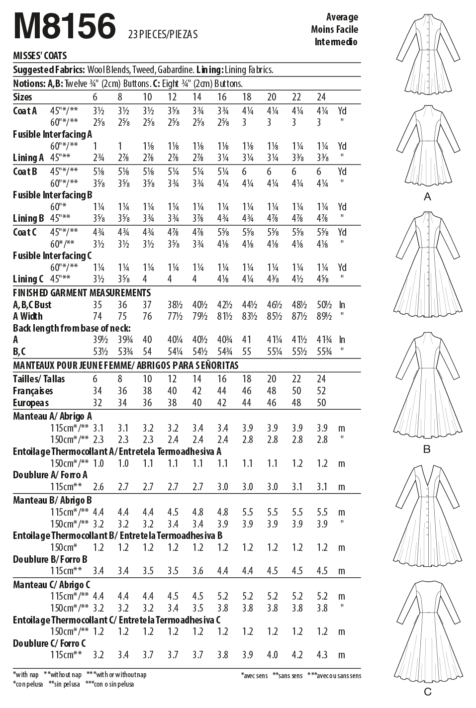 McCall's M8156 sewing pattern envelope showing the fit & flare princess seam coat designs