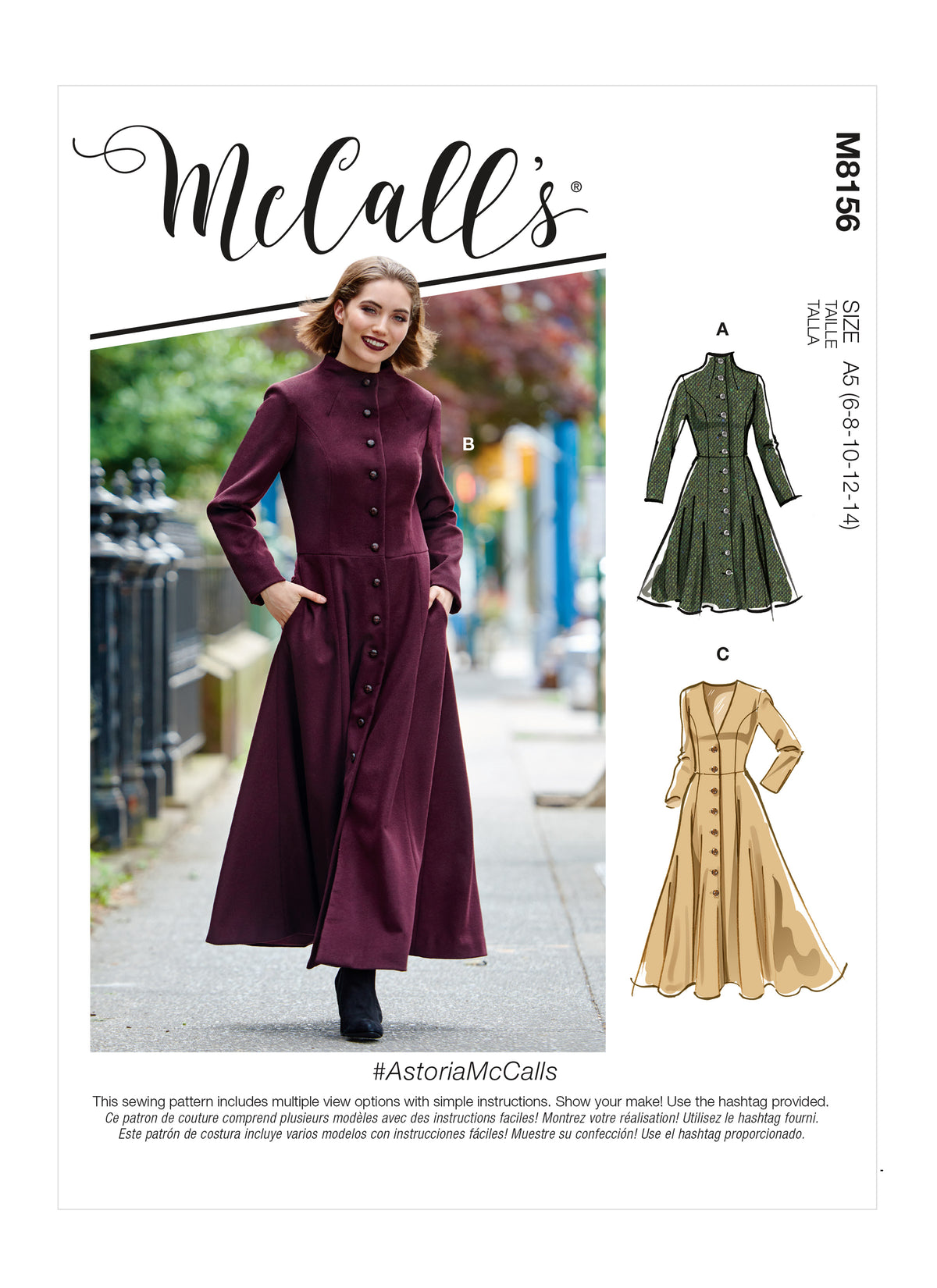 McCall's M8156 sewing pattern envelope showing the fit & flare princess seam coat designs