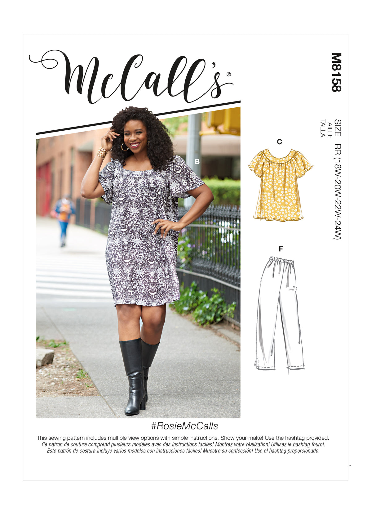 McCall's M8158 sewing pattern envelope showing the loose top & dress designs
