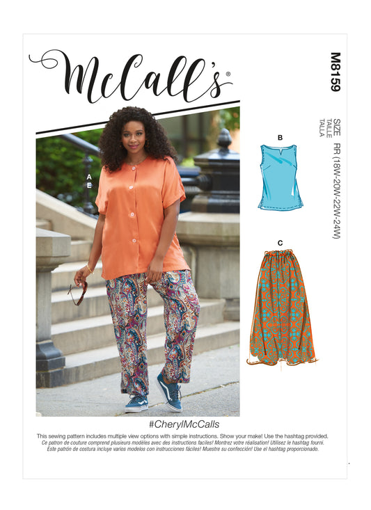 McCall's M8159 sewing pattern envelope showing the collarless button-down shirt designs