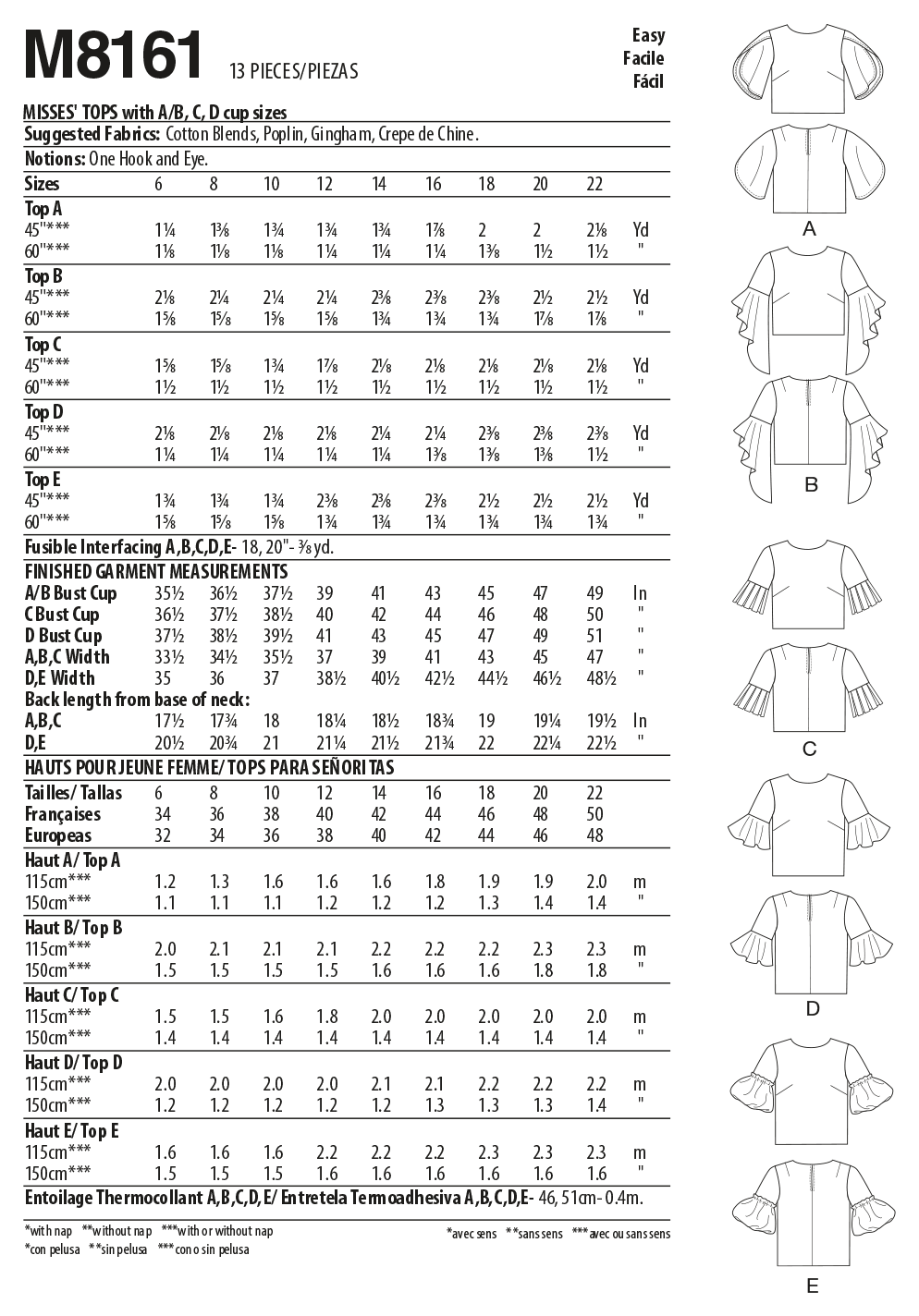 McCall's M8161 sewing pattern envelope showing the semi-fitted top designs