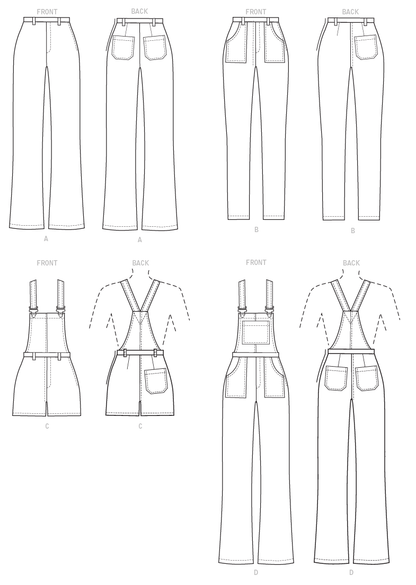 McCall's M8162 sewing pattern envelope showing close-fitting jeans and overalls