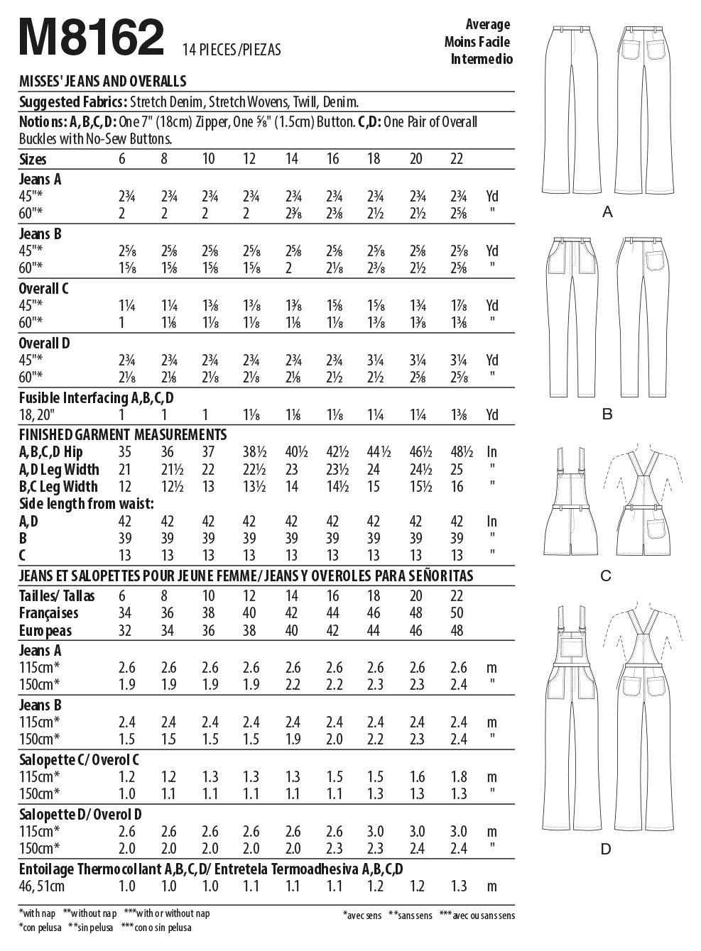 McCall's M8162 sewing pattern envelope showing close-fitting jeans and overalls