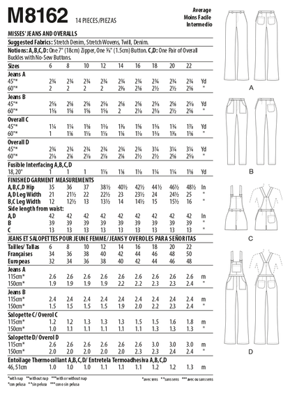 McCall's M8162 sewing pattern envelope showing close-fitting jeans and overalls