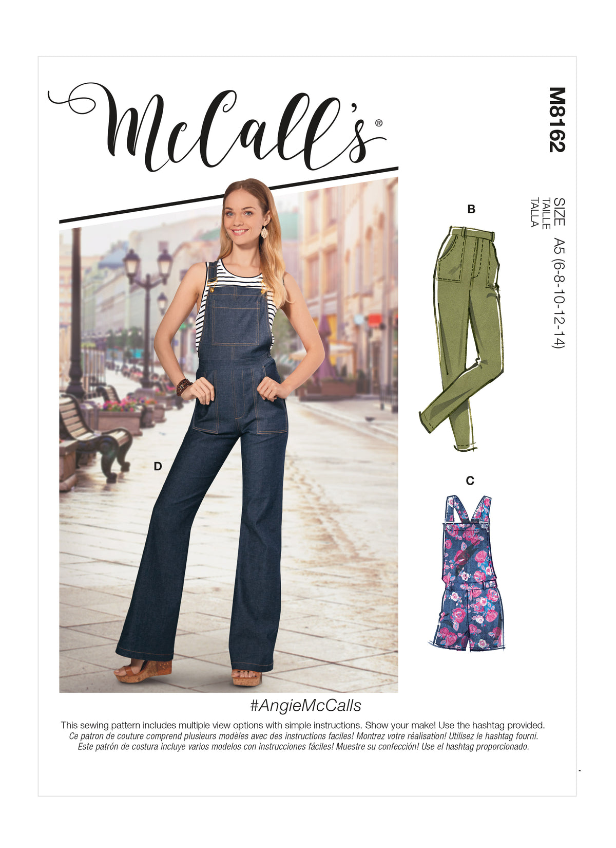 McCall's M8162 sewing pattern envelope showing close-fitting jeans and overalls