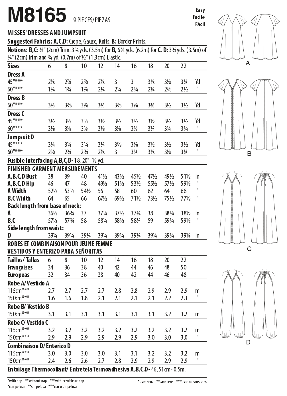 McCall's M8165 sewing pattern envelope showing very loose-fitting pullover dresses and a step-in jumpsuit