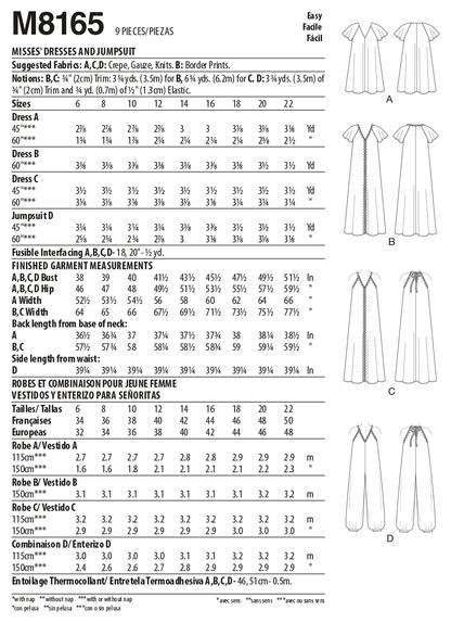McCall's M8165 sewing pattern envelope showing very loose-fitting pullover dresses and a step-in jumpsuit